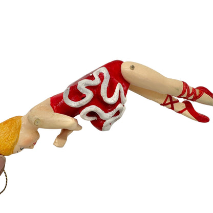 Ballerina Jointed Peg Ornament Doll Gold Crown Red Tutu 6 Inches Hand-Painted