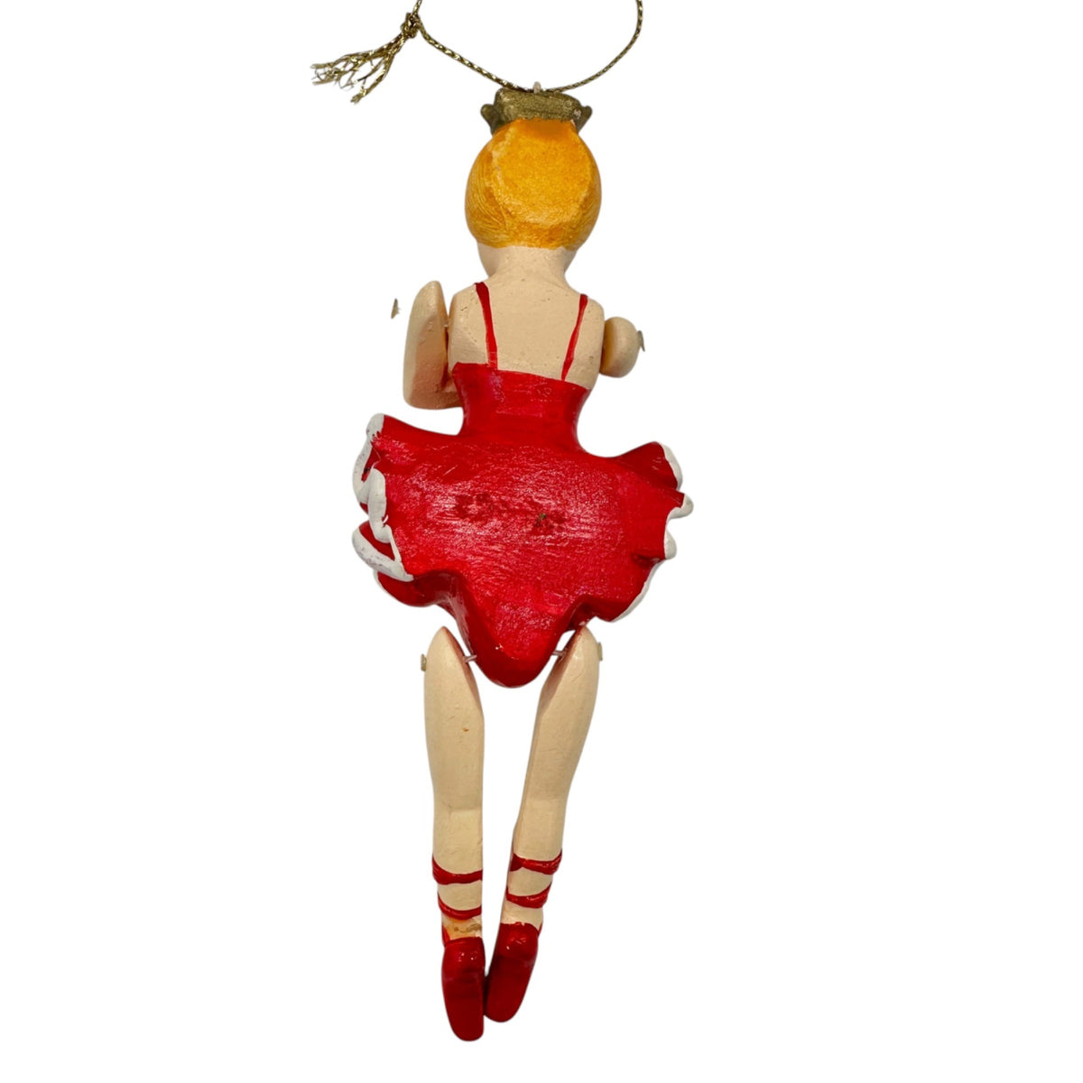 Ballerina Jointed Peg Ornament Doll Gold Crown Red Tutu 6 Inches Hand-Painted
