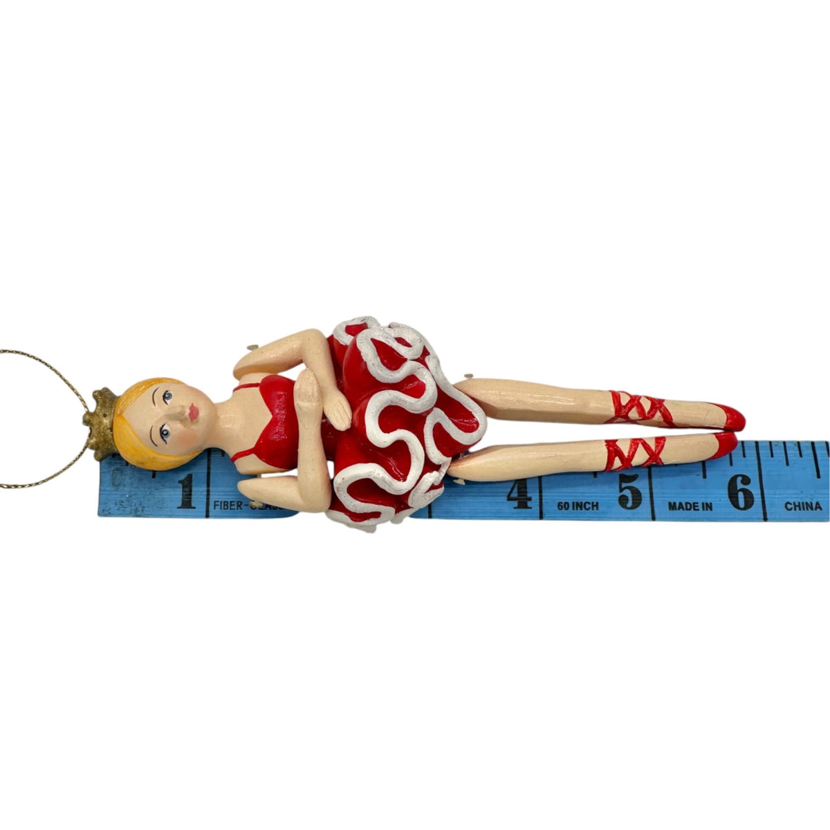 Ballerina Jointed Peg Ornament Doll Gold Crown Red Tutu 6 Inches Hand-Painted
