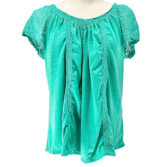 No Boundaries Blouse Juniors XL (15-17) Green Lace-Trimmed SS Poly Spandex Blend