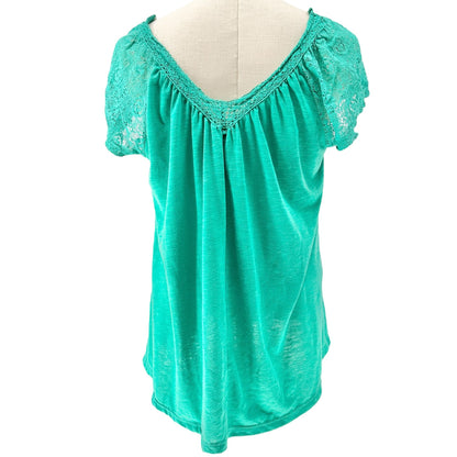 No Boundaries Blouse Juniors XL (15-17) Green Lace-Trimmed SS Poly Spandex Blend
