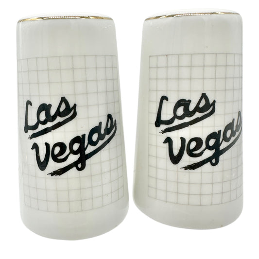 Las Vegas Souvenir Ceramic Salt and Pepper Shakers White with Gold Trim 3" Tall