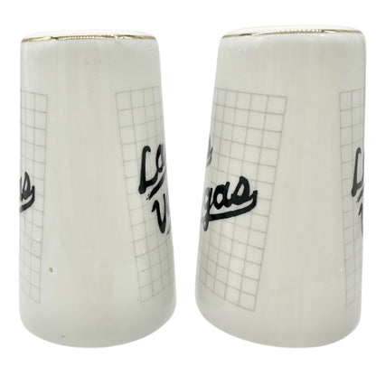 Las Vegas Souvenir Ceramic Salt and Pepper Shakers White with Gold Trim 3" Tall