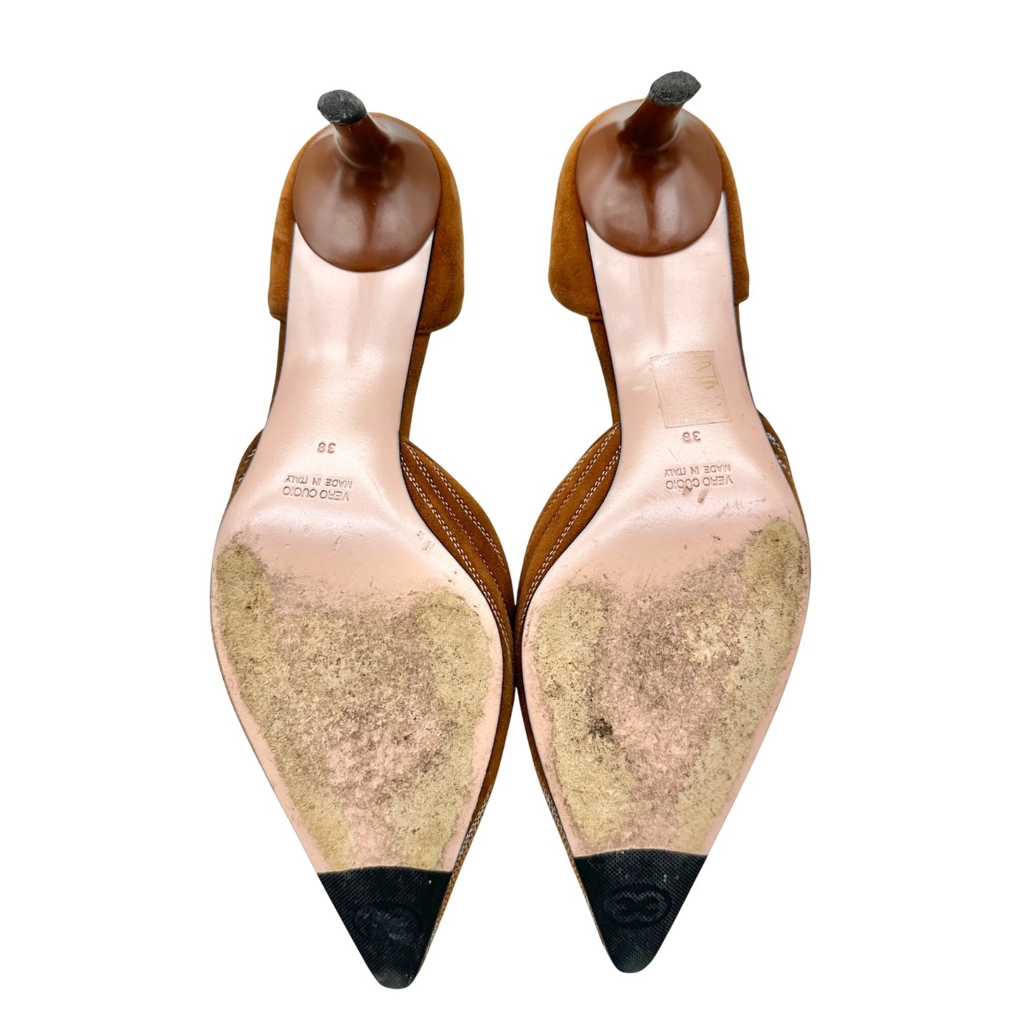 Escada Brown Suede Heels Size 38 Embroidered Details Pointed Toe Stiletto Heel