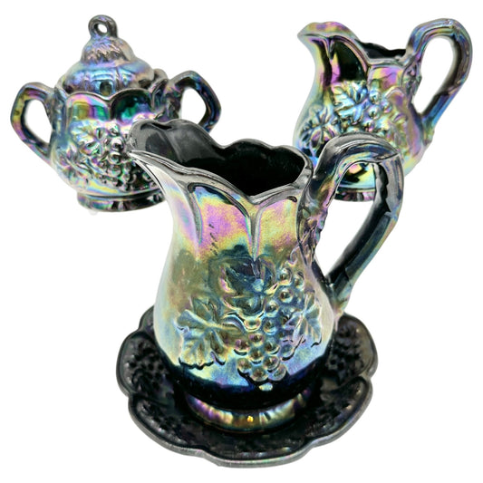 Vintage Lusterware 5pc Set Pitcher Stand Lidded Sugar Creamer Grapevine Embossed