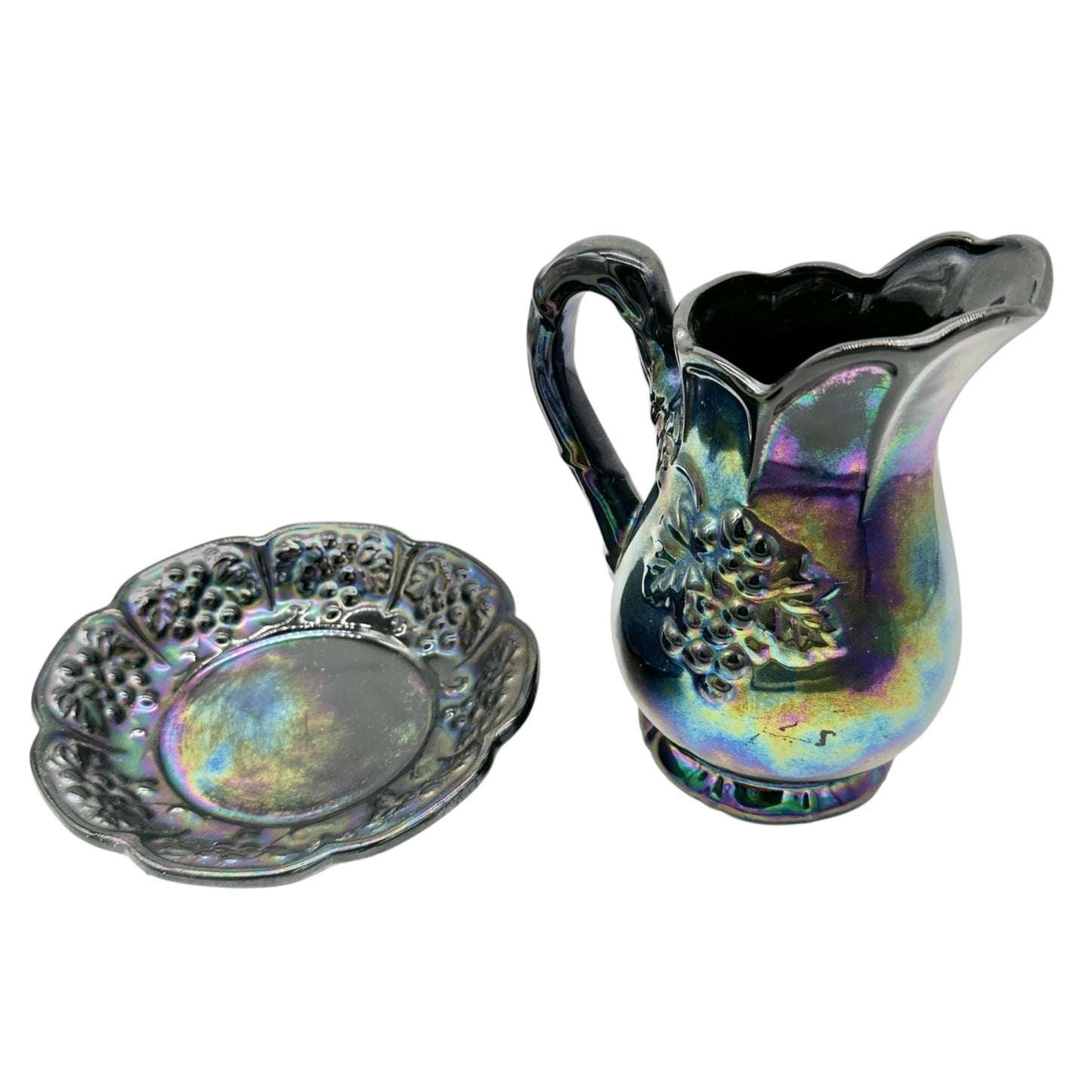 Vintage Lusterware 5pc Set Pitcher Stand Lidded Sugar Creamer Grapevine Embossed