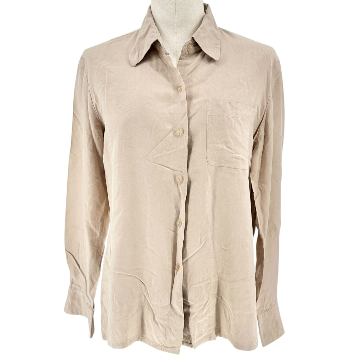 City Silk Button Up Shirt Womens Medium Tan Long Sleeve Collared 100% Silk
