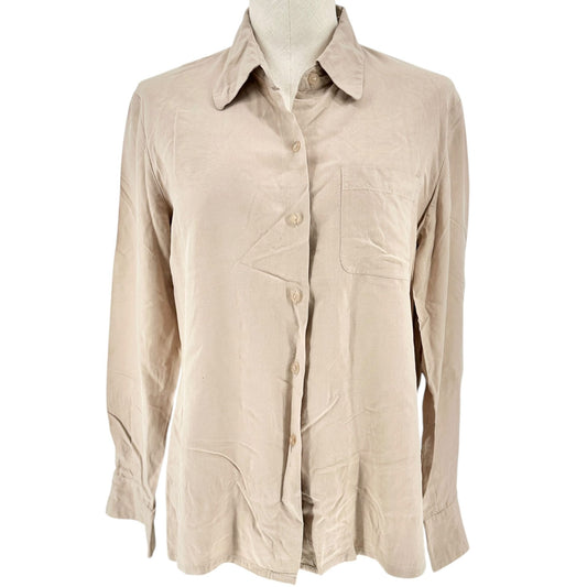 City Silk Button Up Shirt Womens Medium Tan Long Sleeve Collared 100% Silk
