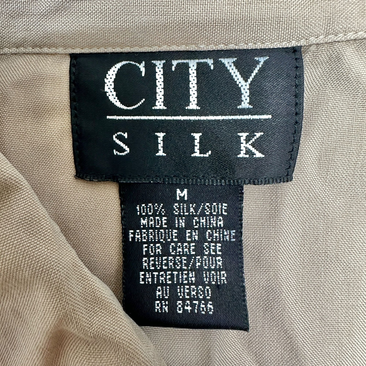 City Silk Button Up Shirt Womens Medium Tan Long Sleeve Collared 100% Silk
