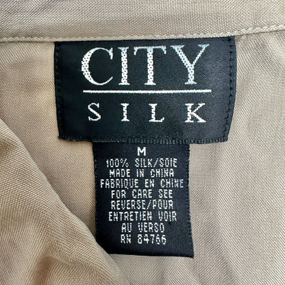 City Silk Button Up Shirt Womens Medium Tan Long Sleeve Collared 100% Silk