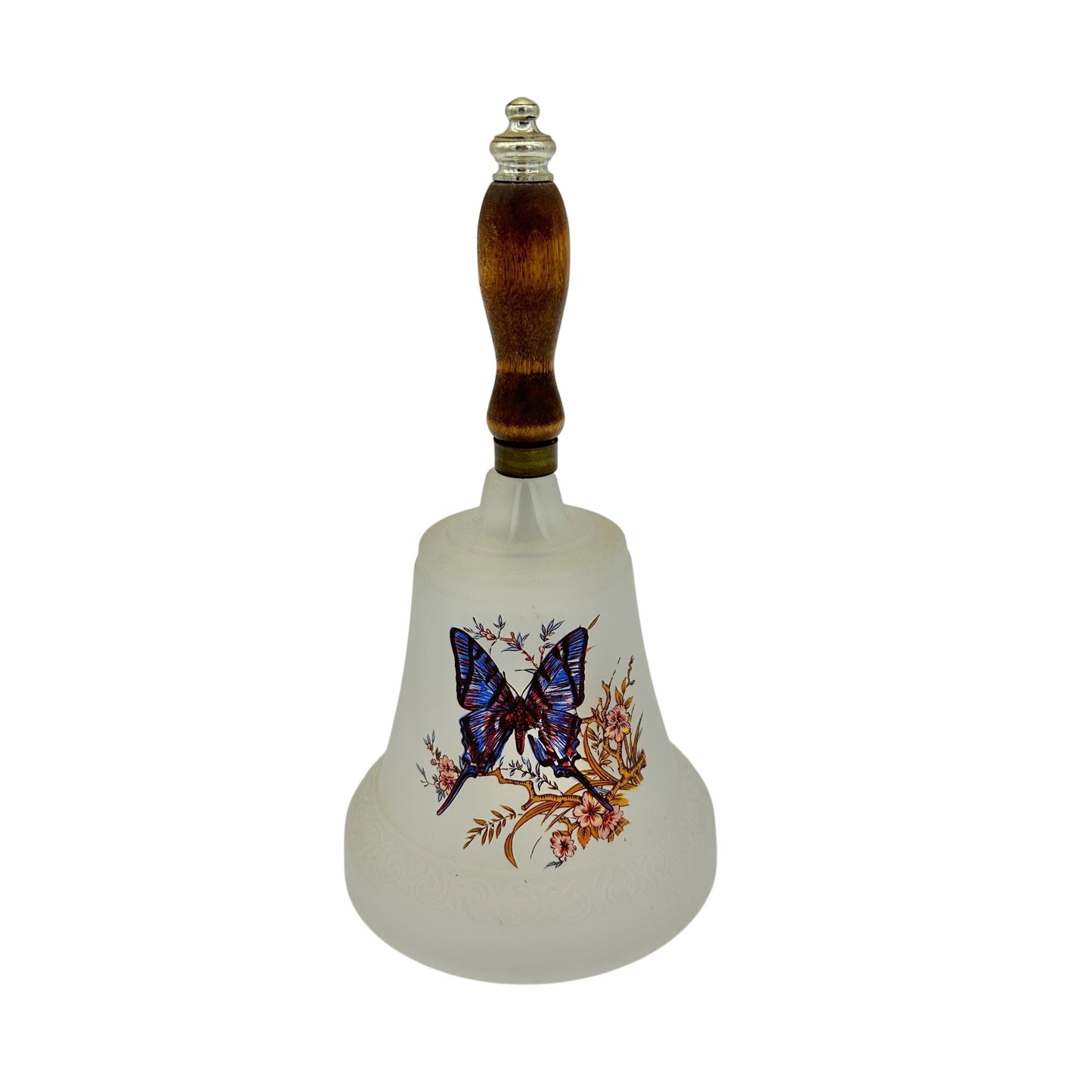 Butterfly Design Frosted Glass Bell With Wooden Handle 8.5"H Decorative Accent