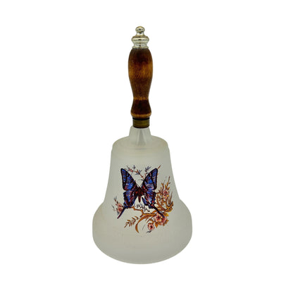 Butterfly Design Frosted Glass Bell With Wooden Handle 8.5"H Decorative Accent