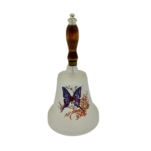 Butterfly Design Frosted Glass Bell With Wooden Handle 8.5"H Decorative Accent