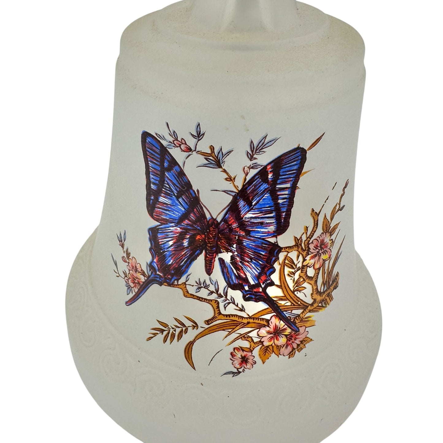 Butterfly Design Frosted Glass Bell With Wooden Handle 8.5"H Decorative Accent