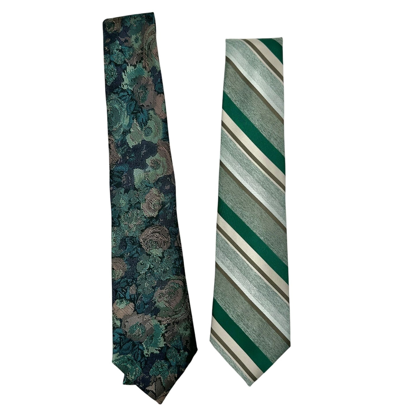 Two Vintage The Kastle Mens Ties Green Floral Striped Polyester Silk 66.5 inches