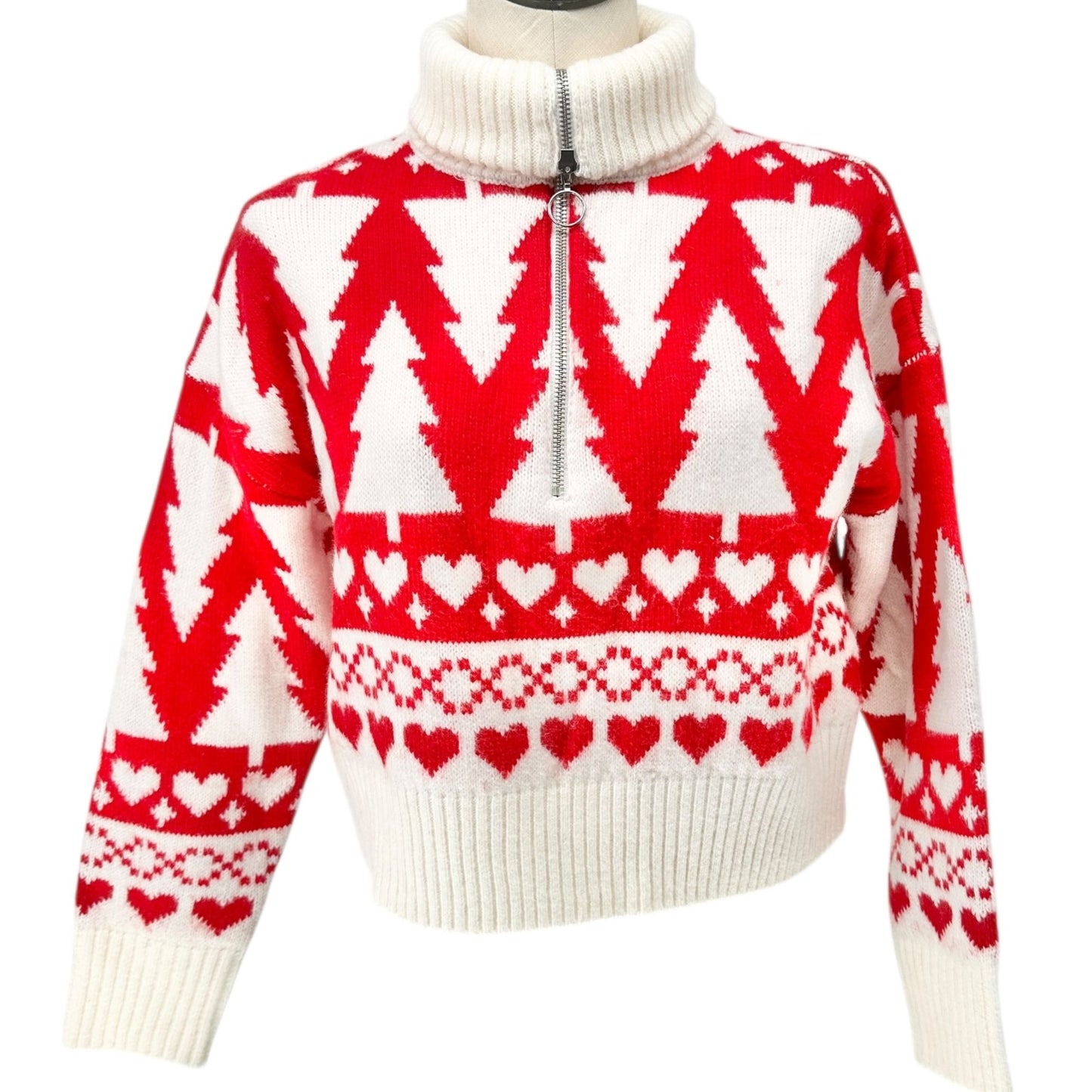 Jessica Simpson Half-Zip Turtleneck Sweater Red White Holiday Tree Heart Pattern