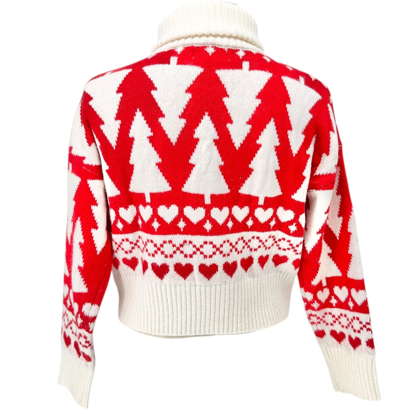 Jessica Simpson Half-Zip Turtleneck Sweater Red White Holiday Tree Heart Pattern