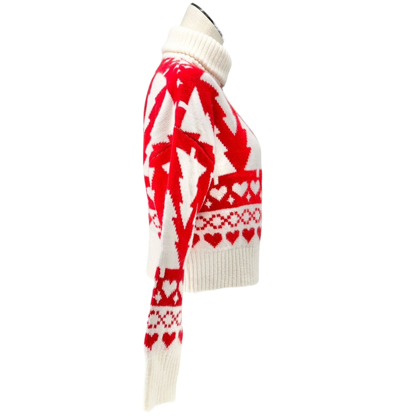 Jessica Simpson Half-Zip Turtleneck Sweater Red White Holiday Tree Heart Pattern