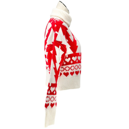 Jessica Simpson Half-Zip Turtleneck Sweater Red White Holiday Tree Heart Pattern