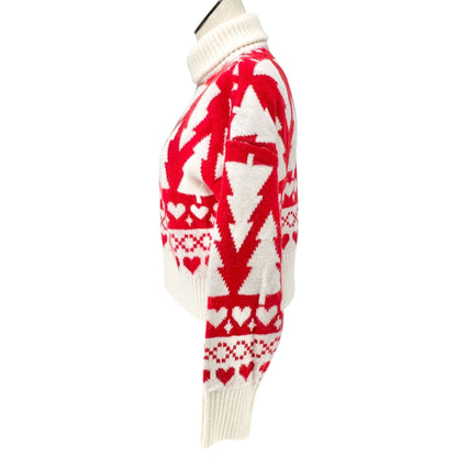 Jessica Simpson Half-Zip Turtleneck Sweater Red White Holiday Tree Heart Pattern