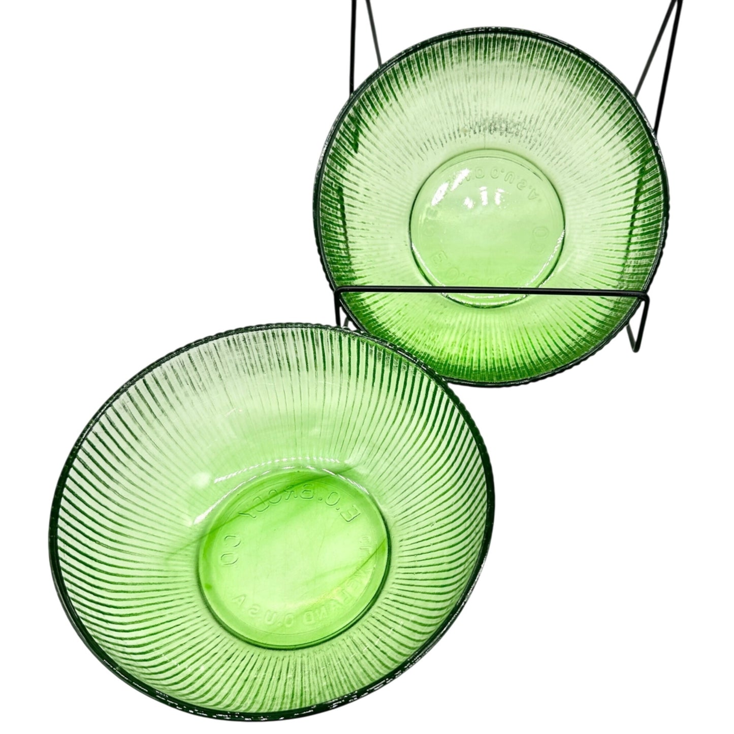 E.O. Brody Co. Green Glass Ribbed Bowls Set Of 2 Vintage Made In Cleveland USA