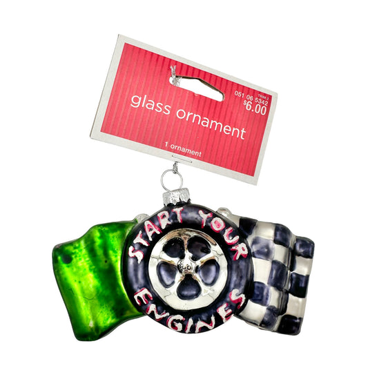 Start Your Engines Racing Glass Ornament  NEW with Tag