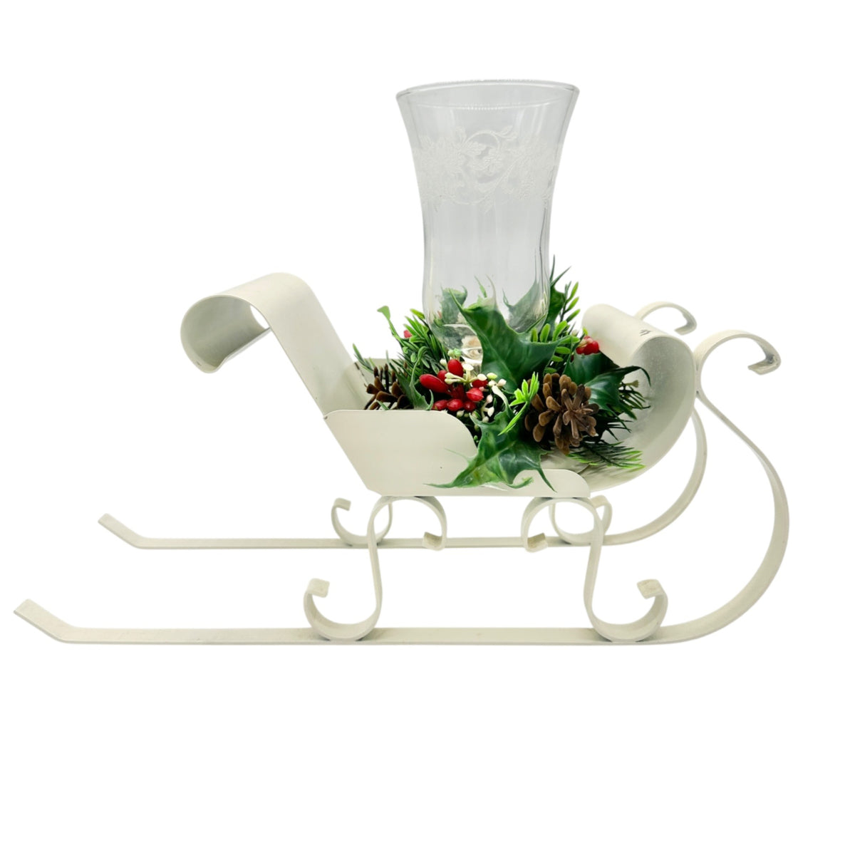 Decorative White Sleigh Candle Holder Etched Glass Pinecones Holiday Greenery