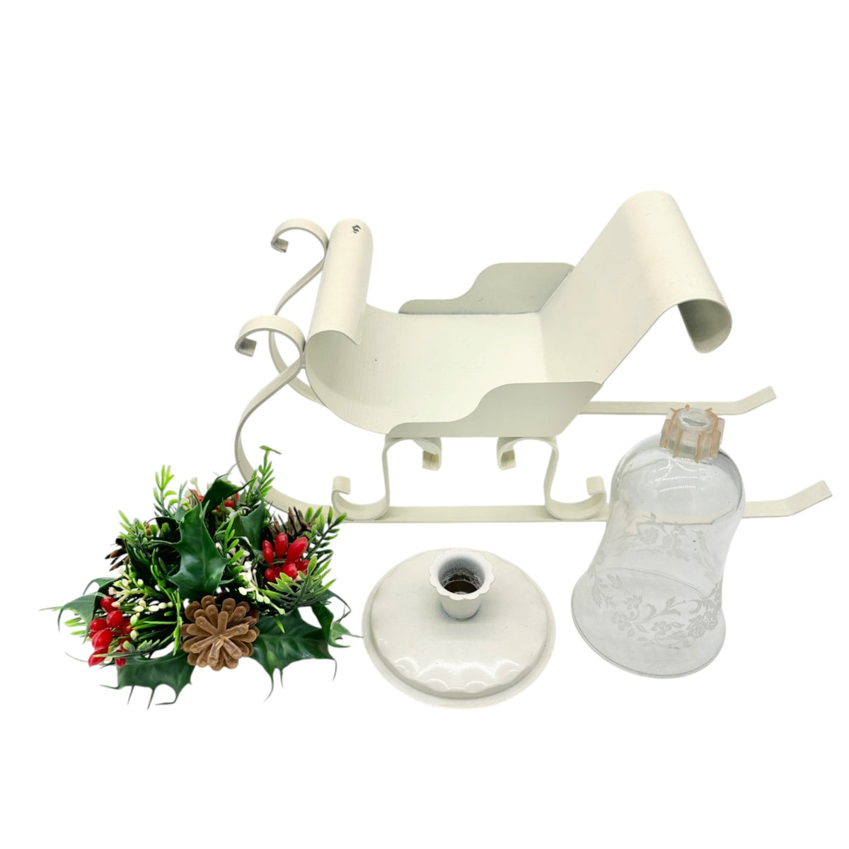 Decorative White Sleigh Candle Holder Etched Glass Pinecones Holiday Greenery