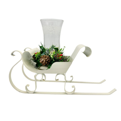 Decorative White Sleigh Candle Holder Etched Glass Pinecones Holiday Greenery