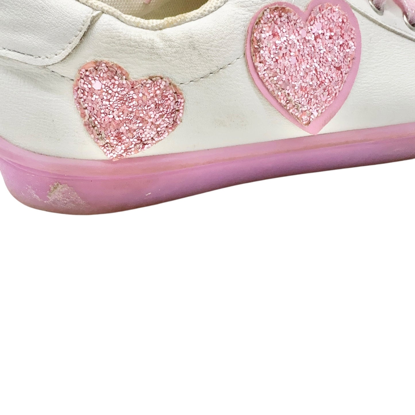 FabKids Glitter Heart Sneakers Girls US 5 White Pink with Light Up Soles Lace Up