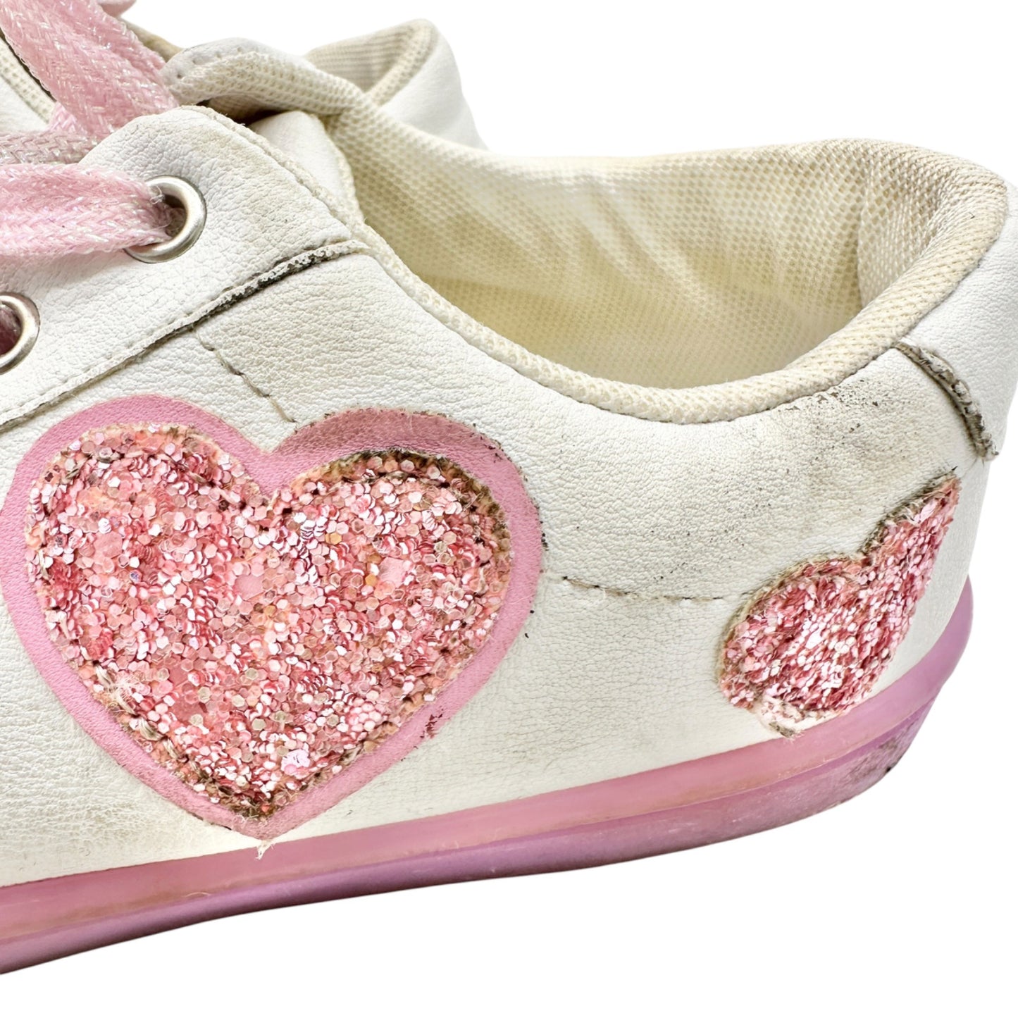 FabKids Glitter Heart Sneakers Girls US 5 White Pink with Light Up Soles Lace Up