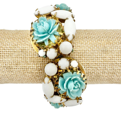 Vintage Hinged Bracelet Aqua Blue Floral Resin White Cabochons Gold Tone Metal