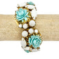 Vintage Hinged Bracelet Aqua Blue Floral Resin White Cabochons Gold Tone Metal