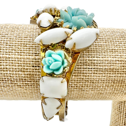 Vintage Hinged Bracelet Aqua Blue Floral Resin White Cabochons Gold Tone Metal