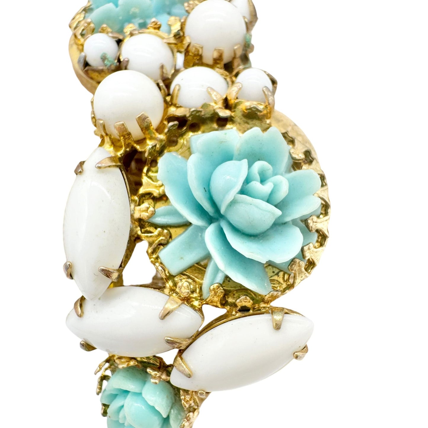 Vintage Hinged Bracelet Aqua Blue Floral Resin White Cabochons Gold Tone Metal