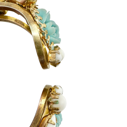 Vintage Hinged Bracelet Aqua Blue Floral Resin White Cabochons Gold Tone Metal