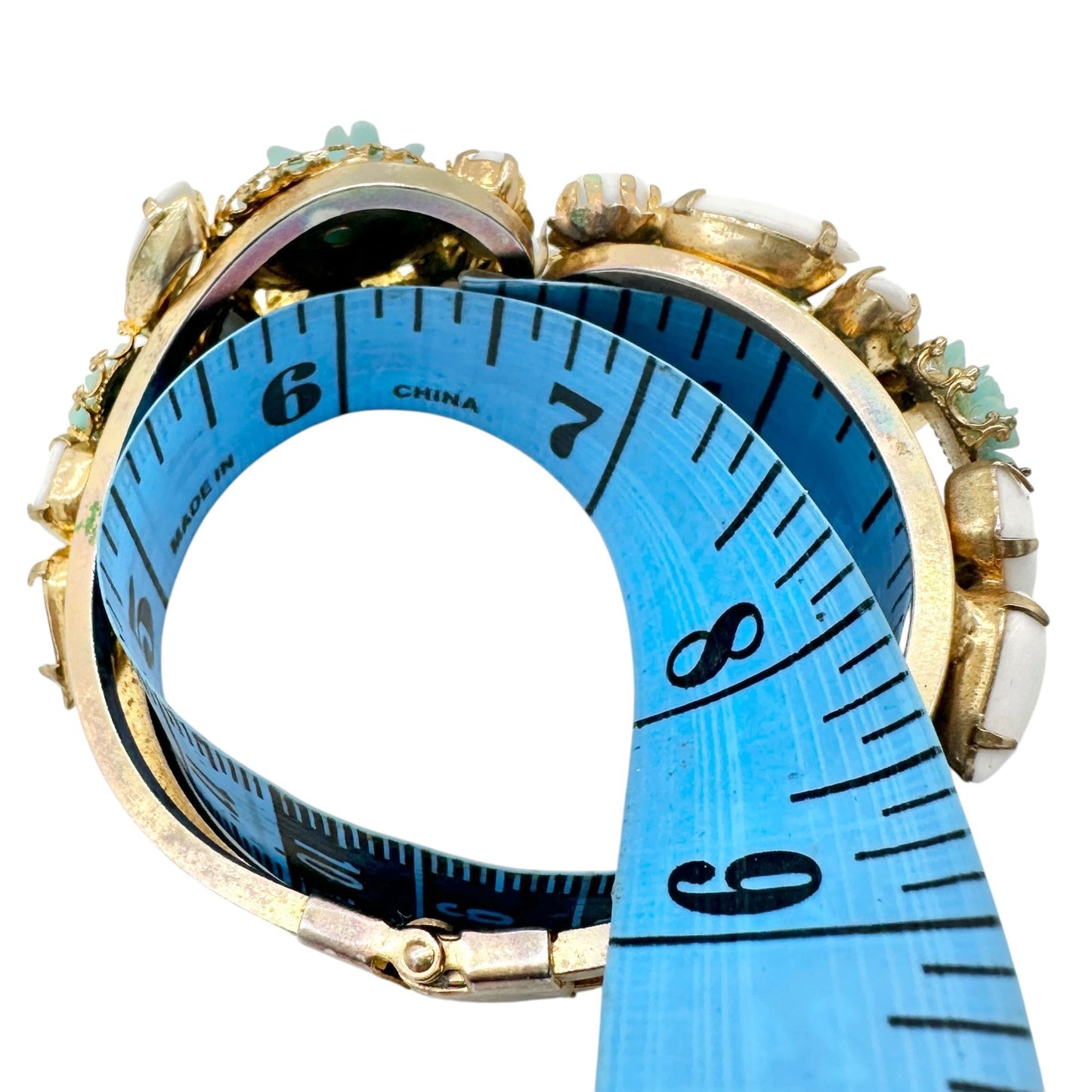 Vintage Hinged Bracelet Aqua Blue Floral Resin White Cabochons Gold Tone Metal