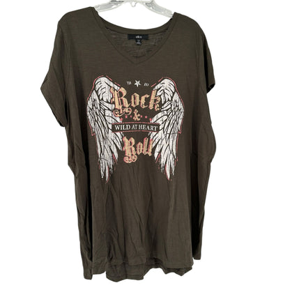 Ellos Womens V-Neck Graphic Tee Rock & Roll Wild At Heart 1X Brown Cotton