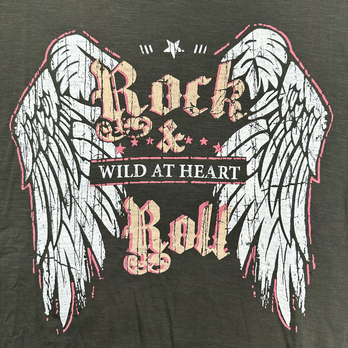 Ellos Womens V-Neck Graphic Tee Rock & Roll Wild At Heart 1X Brown Cotton