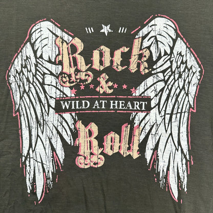 Ellos Womens V-Neck Graphic Tee Rock & Roll Wild At Heart 1X Brown Cotton