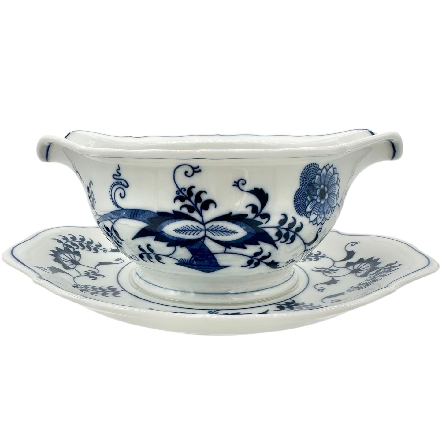 Blue Danube Double Spout Gravy Boat With Plate White Blue Floral Porcelain Vtg