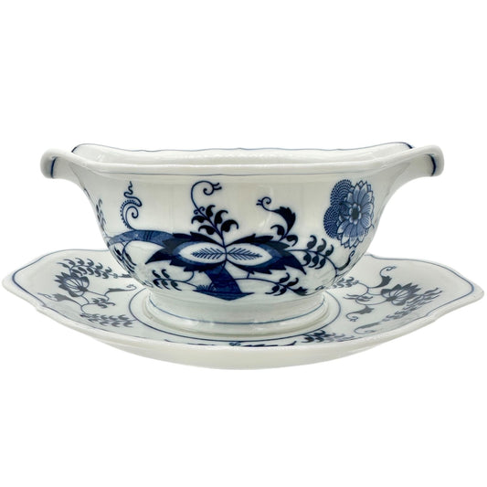 Blue Danube Double Spout Gravy Boat With Plate White Blue Floral Porcelain Vtg