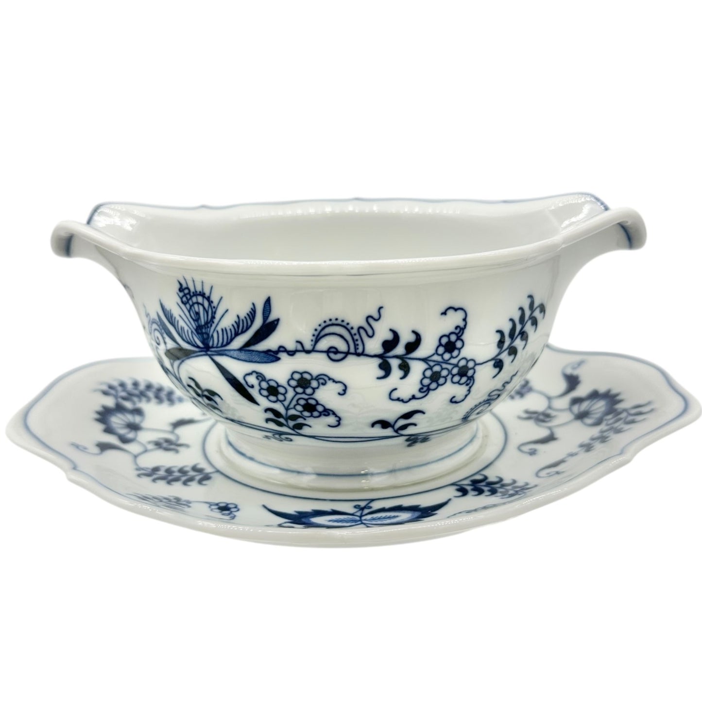 Blue Danube Double Spout Gravy Boat With Plate White Blue Floral Porcelain Vtg