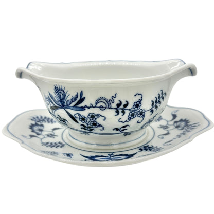 Blue Danube Double Spout Gravy Boat With Plate White Blue Floral Porcelain Vtg