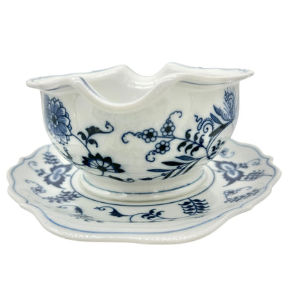 Blue Danube Double Spout Gravy Boat With Plate White Blue Floral Porcelain Vtg