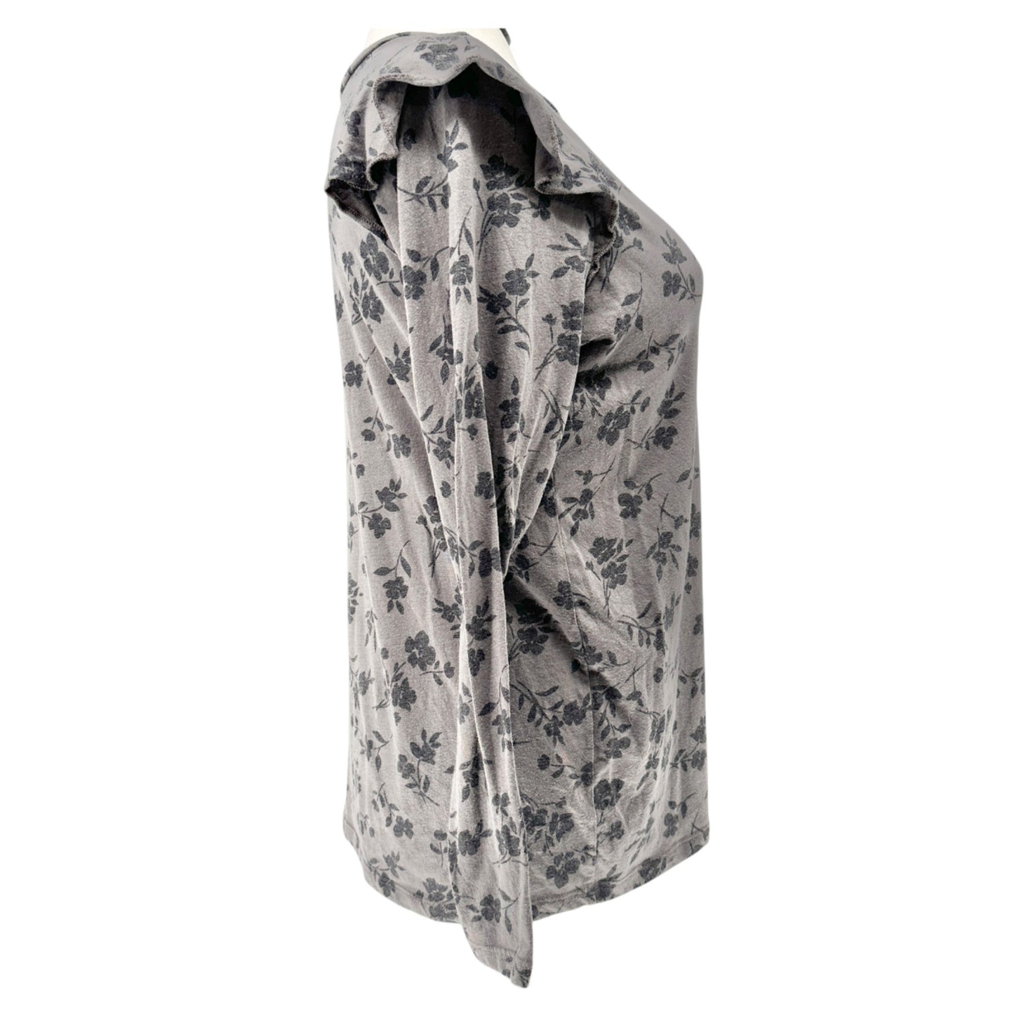 Torrid Size 1 Classic Fit Womens 1X Gray Black Floral Long Sleeve Ruffle Detail