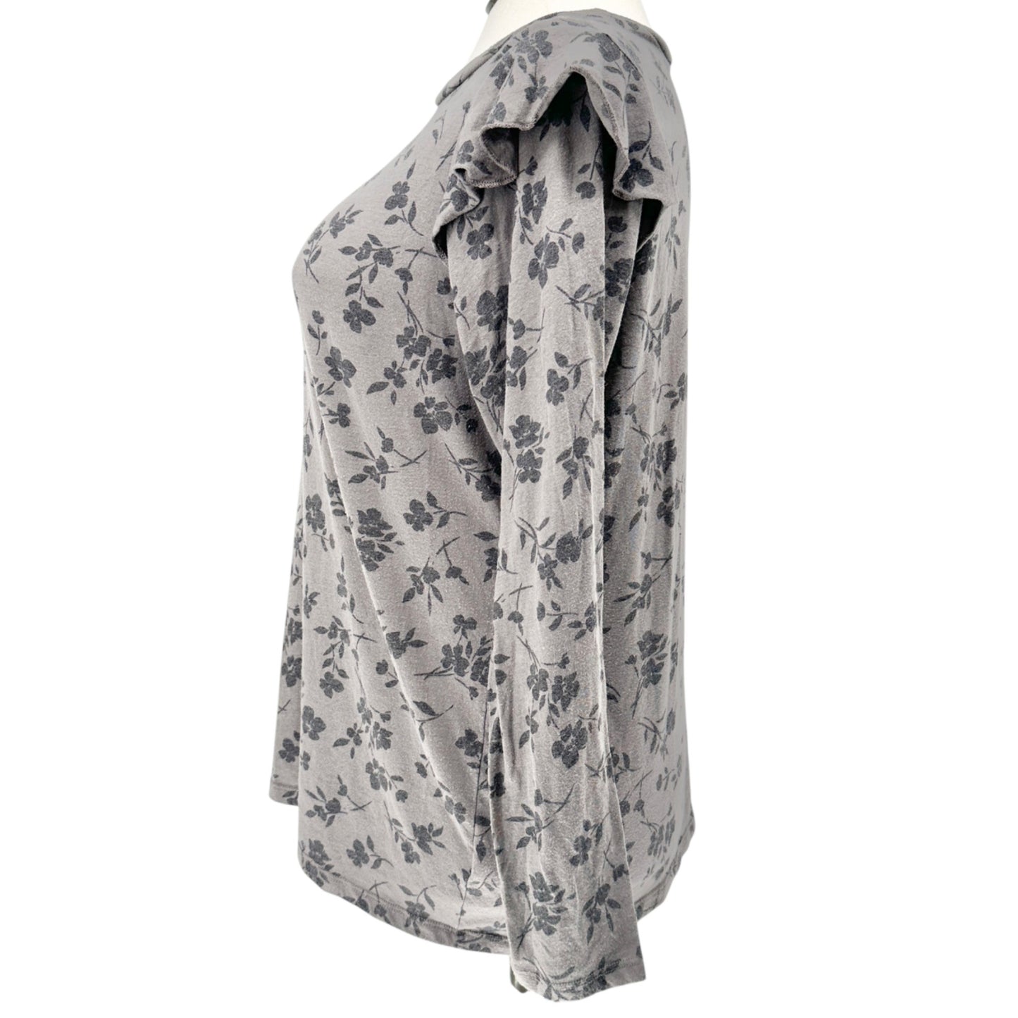 Torrid Size 1 Classic Fit Womens 1X Gray Black Floral Long Sleeve Ruffle Detail