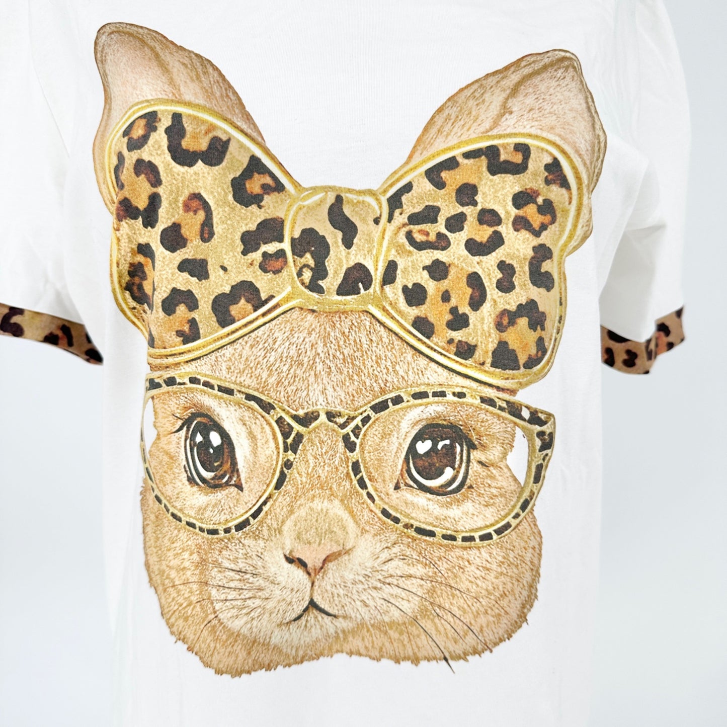 Leopard Print Bunny Graphic Tee XL (fits like L) White Cotton Casual Animal Design