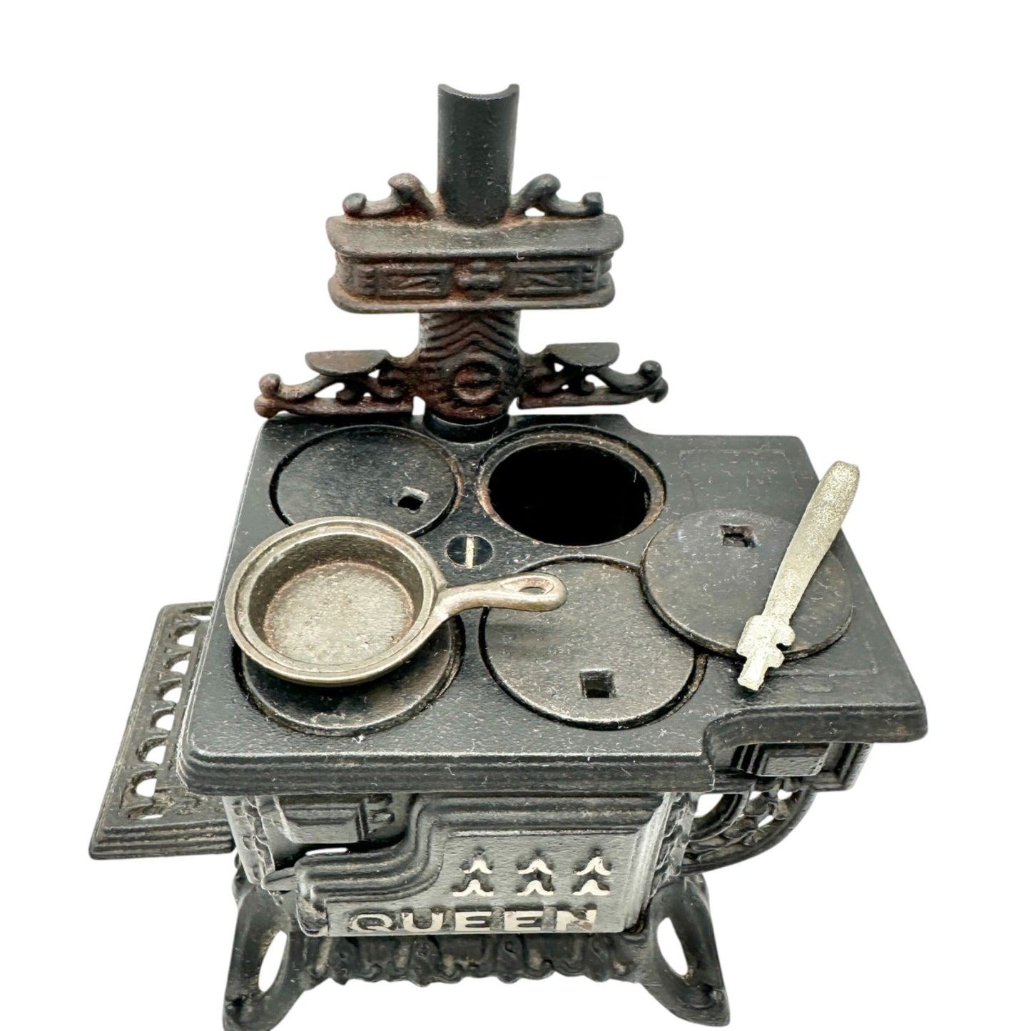 Queen Cast Iron Miniature Toy Stove With Accessories Vintage Style Collectible