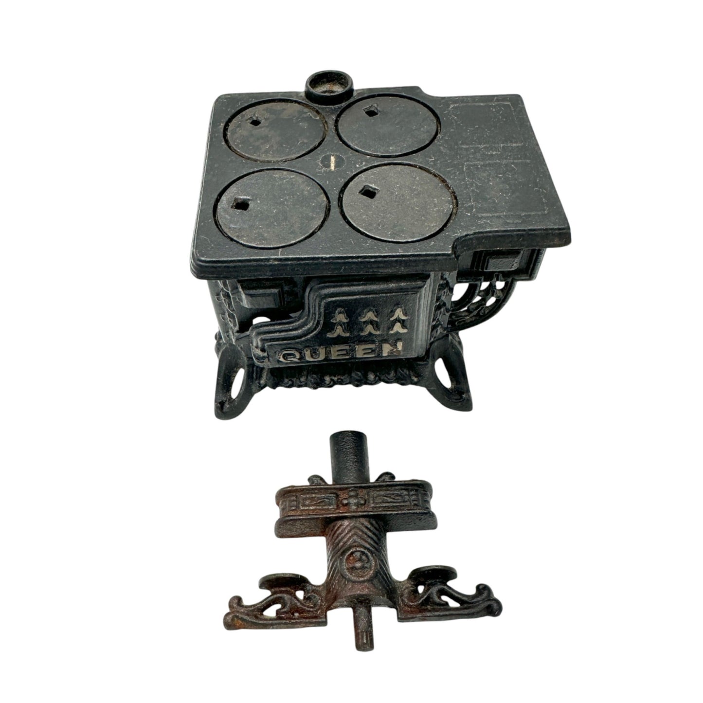 Queen Cast Iron Miniature Toy Stove With Accessories Vintage Style Collectible